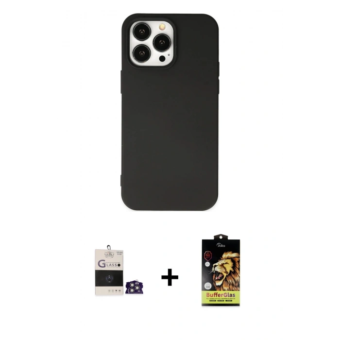 ieg™ iPhone 14 Pro Max Kılıf Ahenk Serisi - Siyah Buffer Cam Ekran Koruyucu + Gümüş Bilvis Titan Kamera Lens