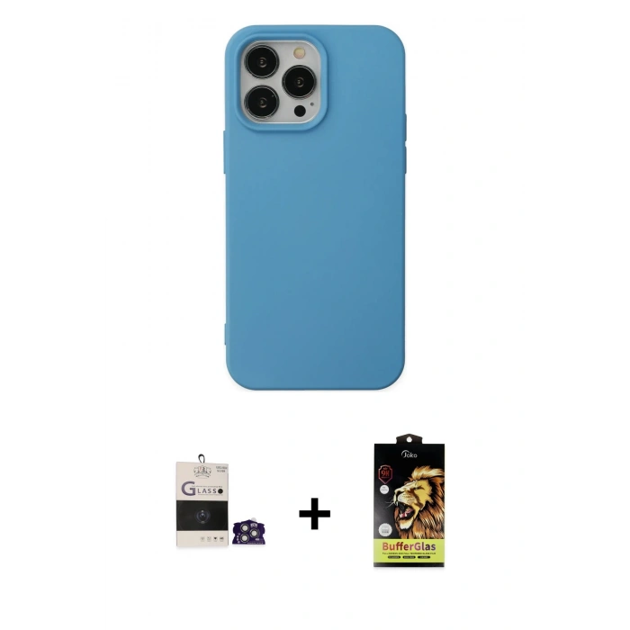 ieg™ iPhone 14 Pro Max Kılıf Ahenk Serisi - Siyah Buffer Cam Ekran Koruyucu + Gümüş Bilvis Titan Kamera Lens