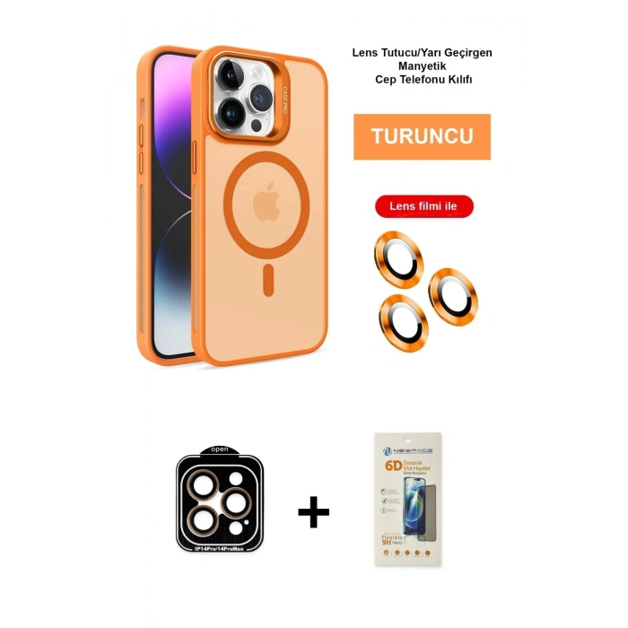 ieg™ iPhone 14 Pro Max Kılıf Akış Form - Siyah 6D Mat Seramik Hayalet Nano Ekran Koruyucu + Turuncu PVD Metal Kamera Lens