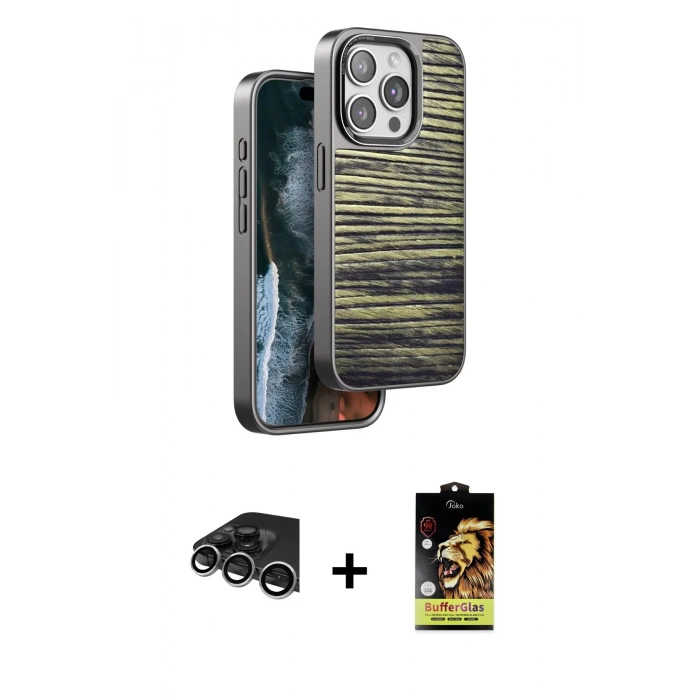 ieg™ iPhone 14 Pro Max Kılıf Atlas Minimal Özel Seri - Siyah Buffer Cam Ekran Koruyucu + Gümüş Raze Metal Kamera Lens