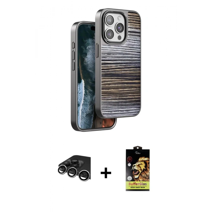 ieg™ iPhone 14 Pro Max Kılıf Atlas Minimal Özel Seri - Siyah Buffer Cam Ekran Koruyucu + Gümüş Raze Metal Kamera Lens