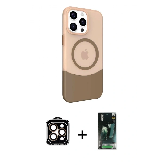 ieg™ iPhone 14 Pro Max Kılıf Çekirdek Asil Özel Seri - Şeffaf 360 Full Body Arka Koruyucu + Turuncu PVD Metal Kamera Lens