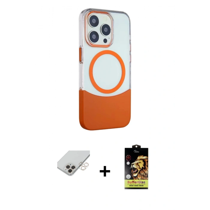 ieg™ iPhone 14 Pro Max Kılıf Çekirdek Asil Özel Seri - Siyah Buffer Cam Ekran Koruyucu + Gold Band Metal Kamera Lens