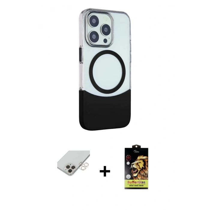ieg™ iPhone 14 Pro Max Kılıf Çekirdek Asil Özel Seri - Siyah Buffer Cam Ekran Koruyucu + Gold Band Metal Kamera Lens