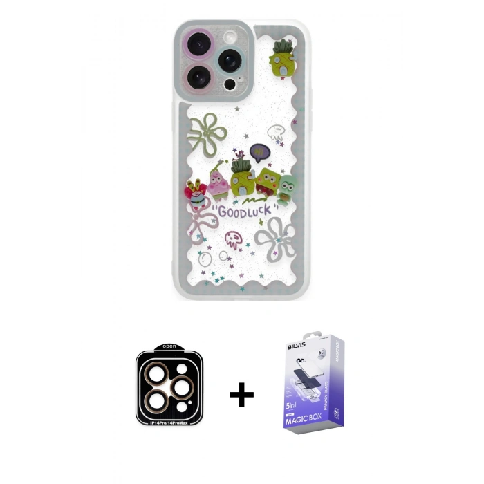 ieg™ iPhone 14 Pro Max Kılıf Çekirdek Asil - Siyah Bilvis 5in1 5D Magic Hayalet Cam Ekran Koruyucu + Turuncu PVD Metal Kamera Lens