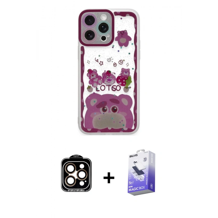ieg™ iPhone 14 Pro Max Kılıf Çekirdek Asil - Siyah Bilvis 5in1 5D Magic Hayalet Cam Ekran Koruyucu + Turuncu PVD Metal Kamera Lens