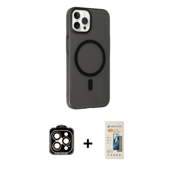 ieg™ iPhone 14 Pro Max Kılıf Çekirdek Modern Prime - Siyah 6D Mat Seramik Hayalet Nano Ekran Koruyucu + Turuncu PVD Metal Kamera Lens