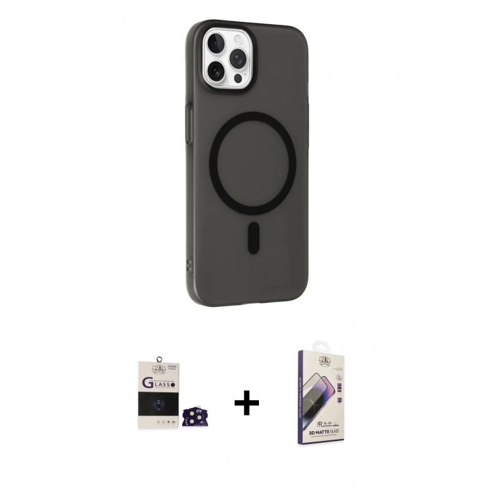 ieg™ iPhone 14 Pro Max Kılıf Çekirdek Modern Prime - Siyah Bilvis 3D Mat Cam Ekran Koruyucu + Derin Mor Bilvis Titan Kamera Lens