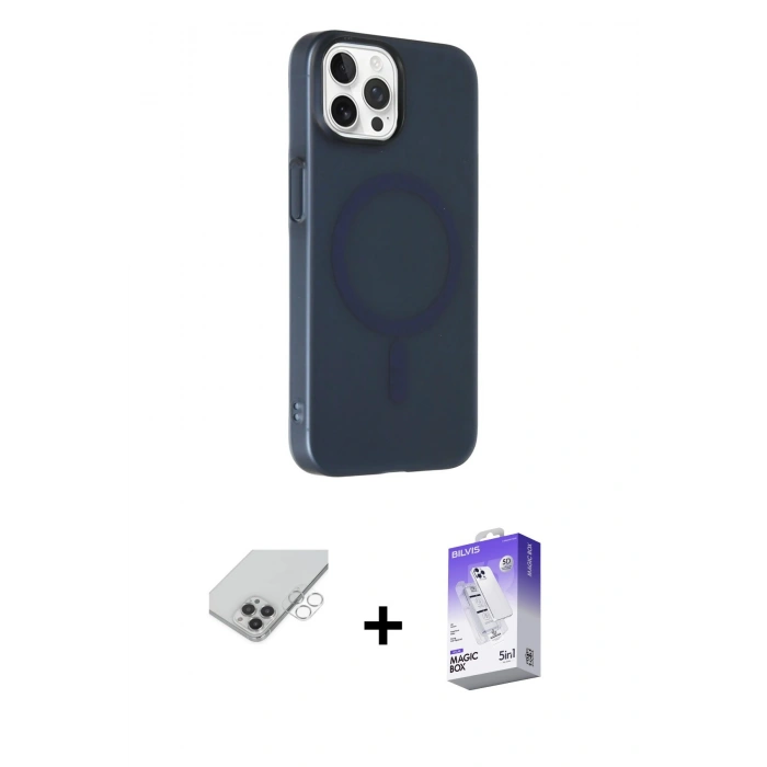 ieg™ iPhone 14 Pro Max Kılıf Çekirdek Modern Prime - Siyah Bilvis 5in1 3D Magic Cam Ekran Koruyucu + Gümüş Band Metal Kamera Lens