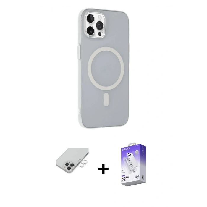 ieg™ iPhone 14 Pro Max Kılıf Çekirdek Modern Prime - Siyah Bilvis 5in1 3D Magic Cam Ekran Koruyucu + Gümüş Band Metal Kamera Lens