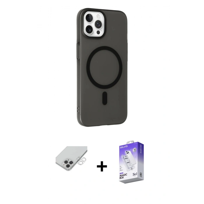 ieg™ iPhone 14 Pro Max Kılıf Çekirdek Modern Prime - Siyah Bilvis 5in1 3D Magic Cam Ekran Koruyucu + Gümüş Band Metal Kamera Lens