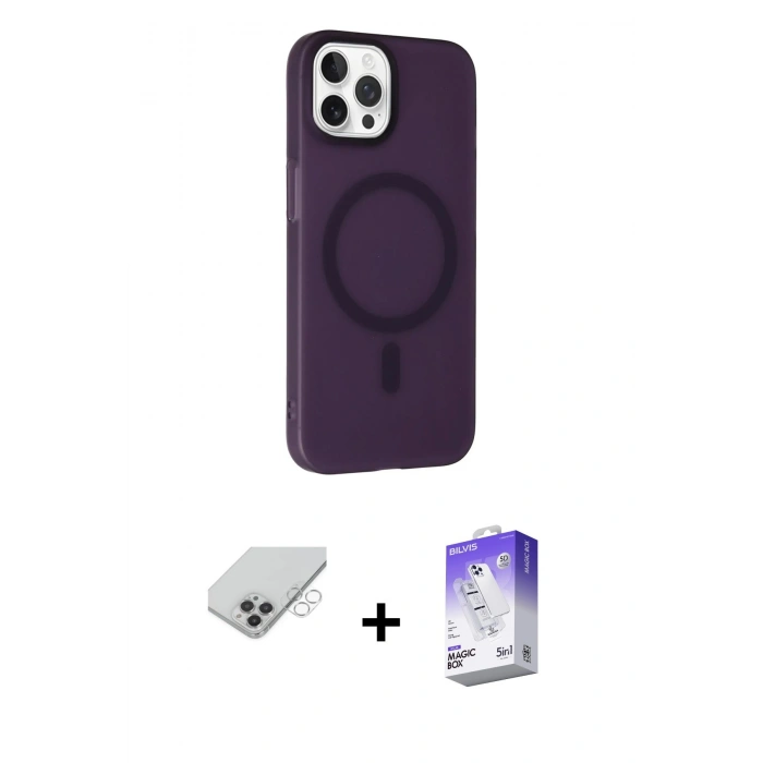 ieg™ iPhone 14 Pro Max Kılıf Çekirdek Modern Prime - Siyah Bilvis 5in1 3D Magic Cam Ekran Koruyucu + Gümüş Band Metal Kamera Lens