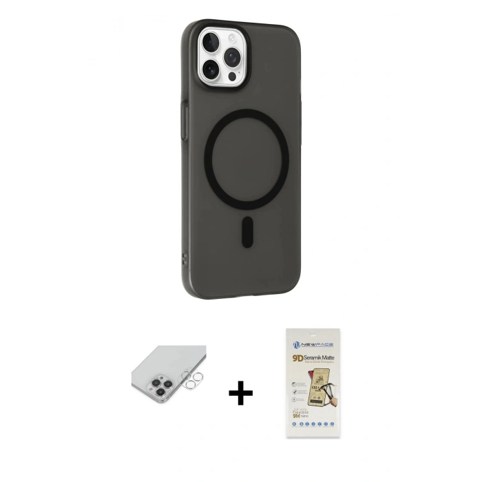 ieg™ iPhone 14 Pro Max Kılıf Çekirdek Modern Prime - Siyah Mat Seramik Nano Ekran Koruyucu + Gümüş Band Metal Kamera Lens