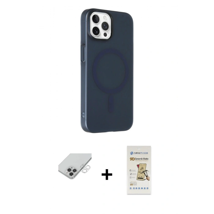 ieg™ iPhone 14 Pro Max Kılıf Çekirdek Modern Prime - Siyah Mat Seramik Nano Ekran Koruyucu + Gümüş Band Metal Kamera Lens