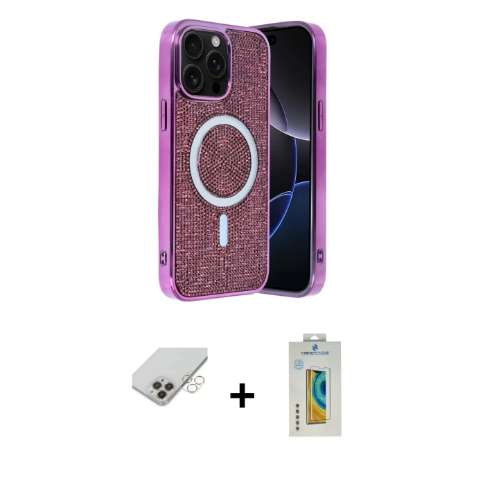 ieg™ iPhone 14 Pro Max Kılıf Eksen Çizgi - Siyah Polymer Nano Ekran Koruyucu + Gold Band Metal Kamera Lens