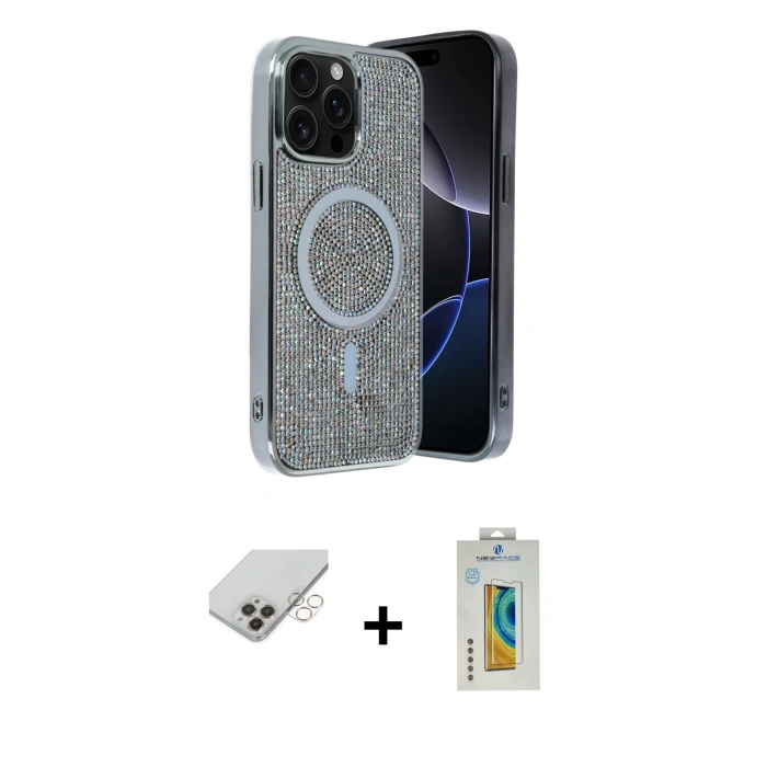 ieg™ iPhone 14 Pro Max Kılıf Eksen Çizgi - Siyah Polymer Nano Ekran Koruyucu + Gold Band Metal Kamera Lens