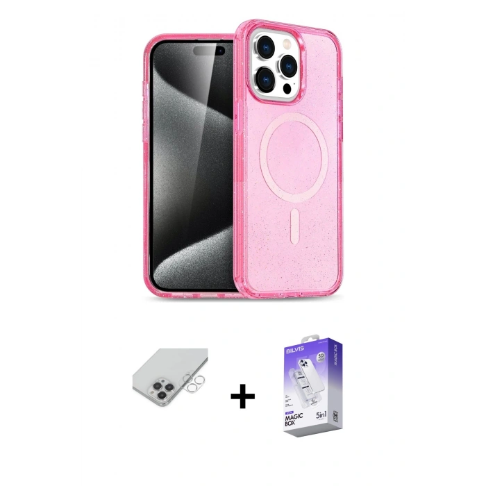ieg™ iPhone 14 Pro Max Kılıf Eksen Doku Koleksiyonu - Siyah Bilvis 5in1 3D Magic Cam Ekran Koruyucu + Gümüş Band Metal Kamera Lens