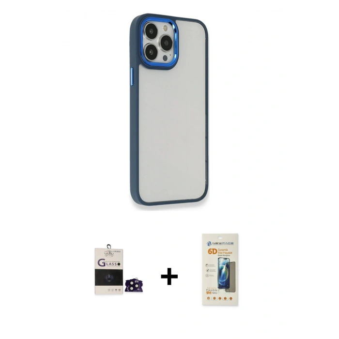 ieg™ iPhone 14 Pro Max Kılıf Eksen Doku Prime - Siyah 6D Mat Seramik Hayalet Nano Ekran Koruyucu + Siyah Bilvis Titan Kamera Lens