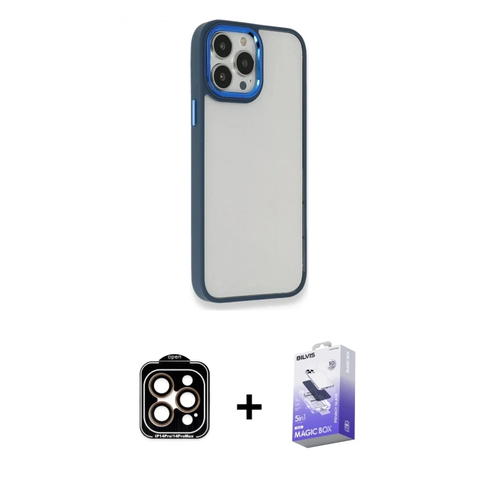 ieg™ iPhone 14 Pro Max Kılıf Eksen Doku Prime - Siyah Bilvis 5in1 5D Magic Hayalet Cam Ekran Koruyucu + Turuncu PVD Metal Kamera Lens