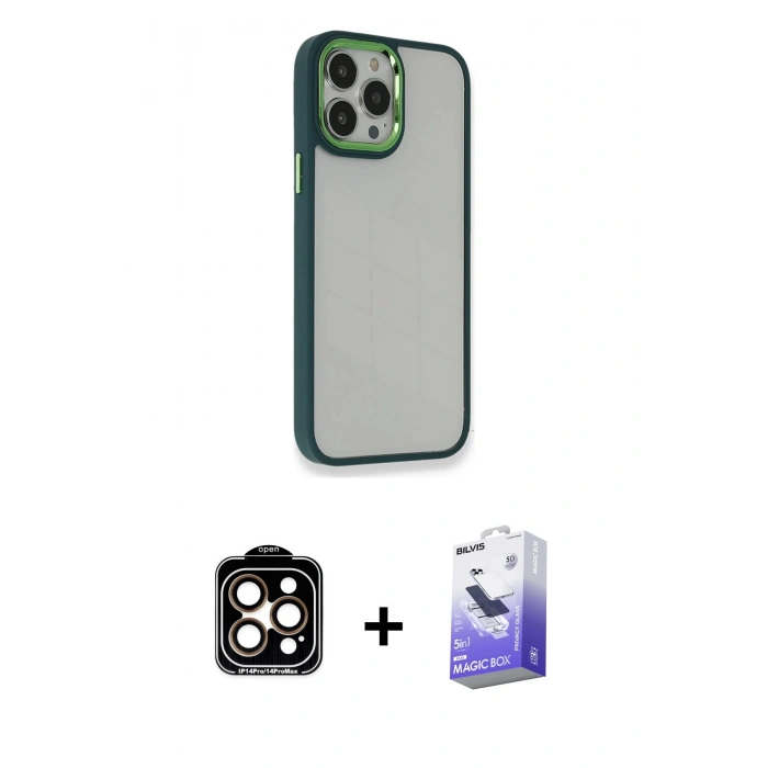 ieg™ iPhone 14 Pro Max Kılıf Eksen Doku Prime - Siyah Bilvis 5in1 5D Magic Hayalet Cam Ekran Koruyucu + Turuncu PVD Metal Kamera Lens
