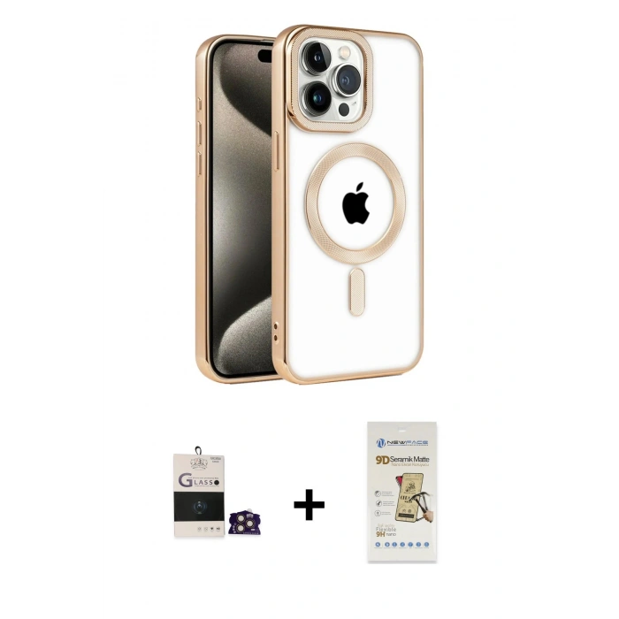 ieg™ iPhone 14 Pro Max Kılıf Eksen Form Koleksiyonu - Siyah Mat Seramik Nano Ekran Koruyucu + Gold Bilvis Titan Kamera Lens