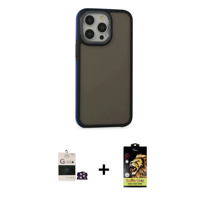 ieg™ iPhone 14 Pro Max Kılıf Eksen Işık - Siyah Buffer Cam Ekran Koruyucu + Gold Bilvis Titan Kamera Lens
