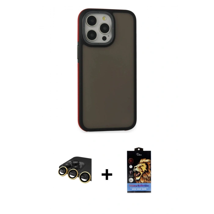 ieg™ iPhone 14 Pro Max Kılıf Eksen Işık - Siyah Buffer Hayalet Cam Ekran Koruyucu + Gold Raze Metal Kamera Lens