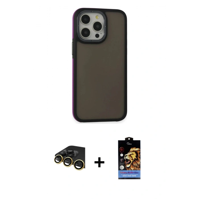 ieg™ iPhone 14 Pro Max Kılıf Eksen Işık - Siyah Buffer Hayalet Cam Ekran Koruyucu + Gold Raze Metal Kamera Lens