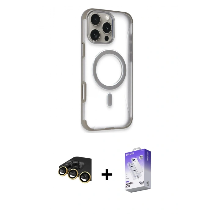 ieg™ iPhone 14 Pro Max Kılıf Eksen Klasik Koleksiyonu - Siyah Bilvis 5in1 3D Magic Cam Ekran Koruyucu + Gold Raze Metal Kamera Lens