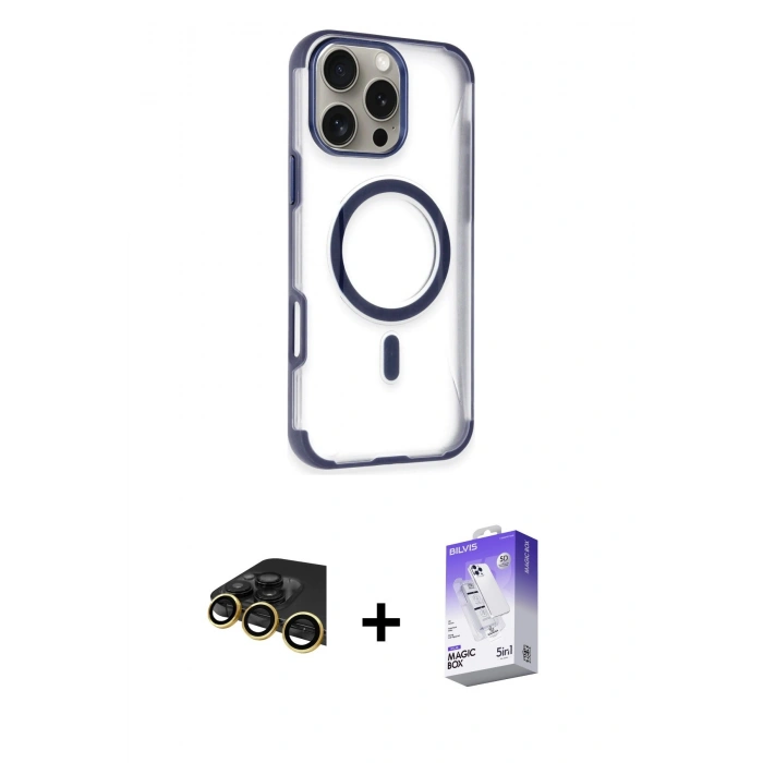ieg™ iPhone 14 Pro Max Kılıf Eksen Klasik Koleksiyonu - Siyah Bilvis 5in1 3D Magic Cam Ekran Koruyucu + Gold Raze Metal Kamera Lens