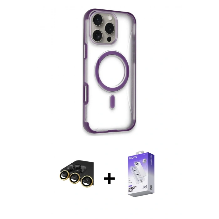 ieg™ iPhone 14 Pro Max Kılıf Eksen Klasik Koleksiyonu - Siyah Bilvis 5in1 3D Magic Cam Ekran Koruyucu + Gold Raze Metal Kamera Lens