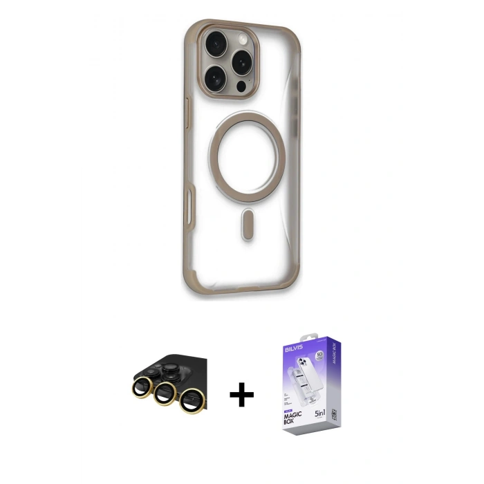 ieg™ iPhone 14 Pro Max Kılıf Eksen Klasik Koleksiyonu - Siyah Bilvis 5in1 3D Magic Cam Ekran Koruyucu + Gold Raze Metal Kamera Lens