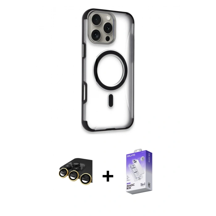 ieg™ iPhone 14 Pro Max Kılıf Eksen Klasik Koleksiyonu - Siyah Bilvis 5in1 3D Magic Cam Ekran Koruyucu + Gold Raze Metal Kamera Lens