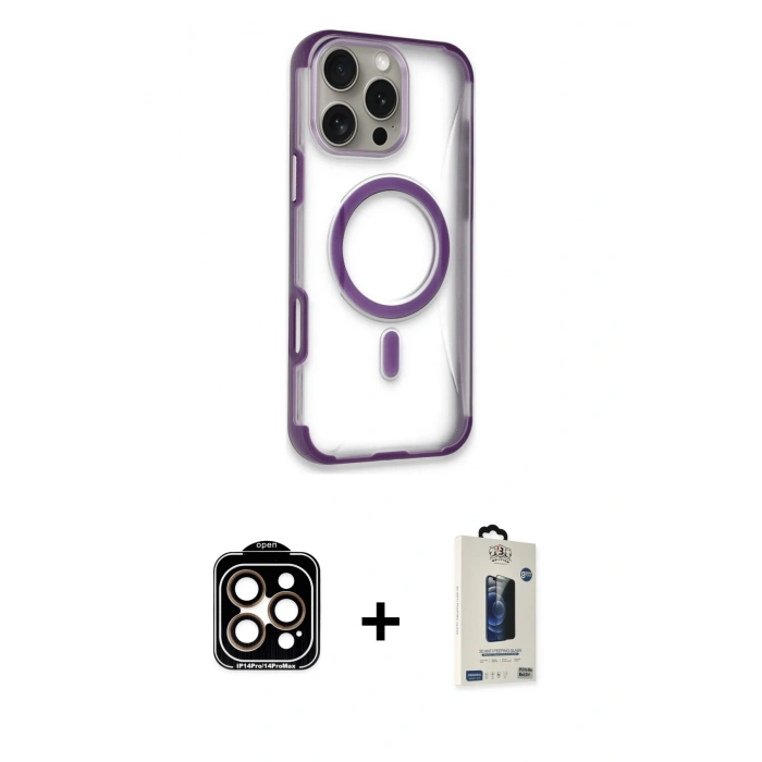 ieg™ iPhone 14 Pro Max Kılıf Eksen Klasik Koleksiyonu - Siyah Bilvis Hayalet Cam Ekran Koruyucu + Turuncu PVD Metal Kamera Lens
