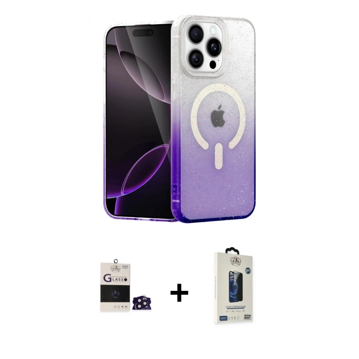 ieg™ iPhone 14 Pro Max Kılıf Eksen Minimal Özel Seri - Siyah Bilvis Hayalet Cam Ekran Koruyucu + Derin Mor Bilvis Titan Kamera Lens