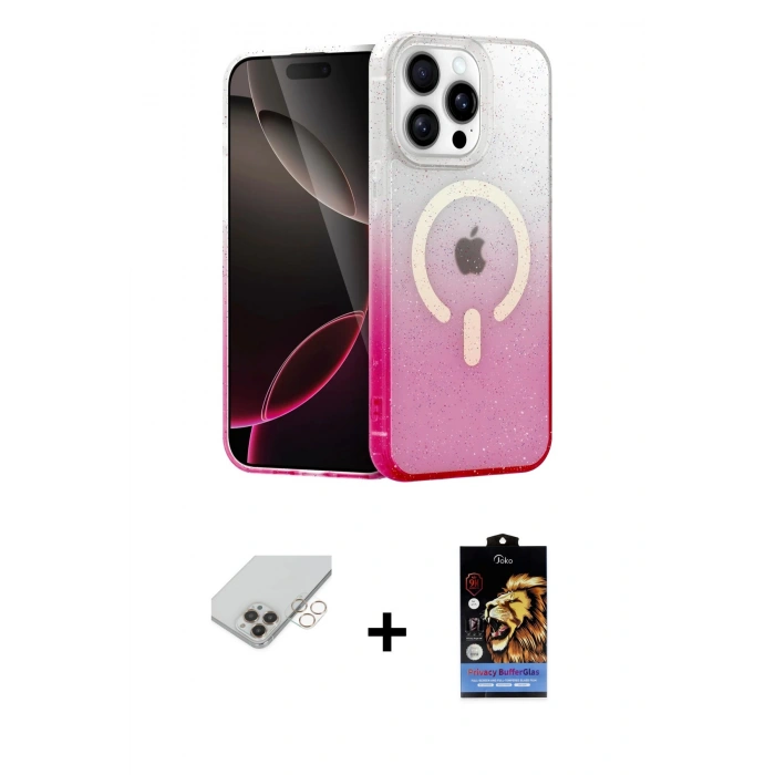 ieg™ iPhone 14 Pro Max Kılıf Eksen Minimal Özel Seri - Siyah Buffer Hayalet Cam Ekran Koruyucu + Gold Band Metal Kamera Lens