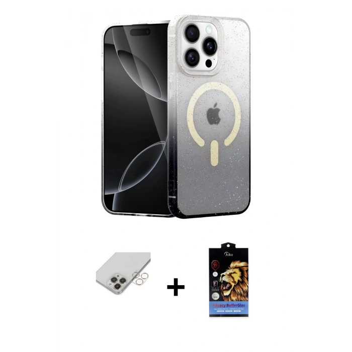 ieg™ iPhone 14 Pro Max Kılıf Eksen Minimal Özel Seri - Siyah Buffer Hayalet Cam Ekran Koruyucu + Gold Band Metal Kamera Lens