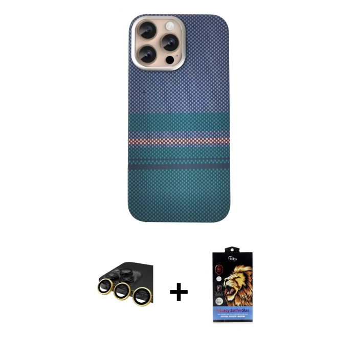 ieg™ iPhone 14 Pro Max Kılıf Eksen Prime - Siyah Buffer Hayalet Cam Ekran Koruyucu + Gold Raze Metal Kamera Lens