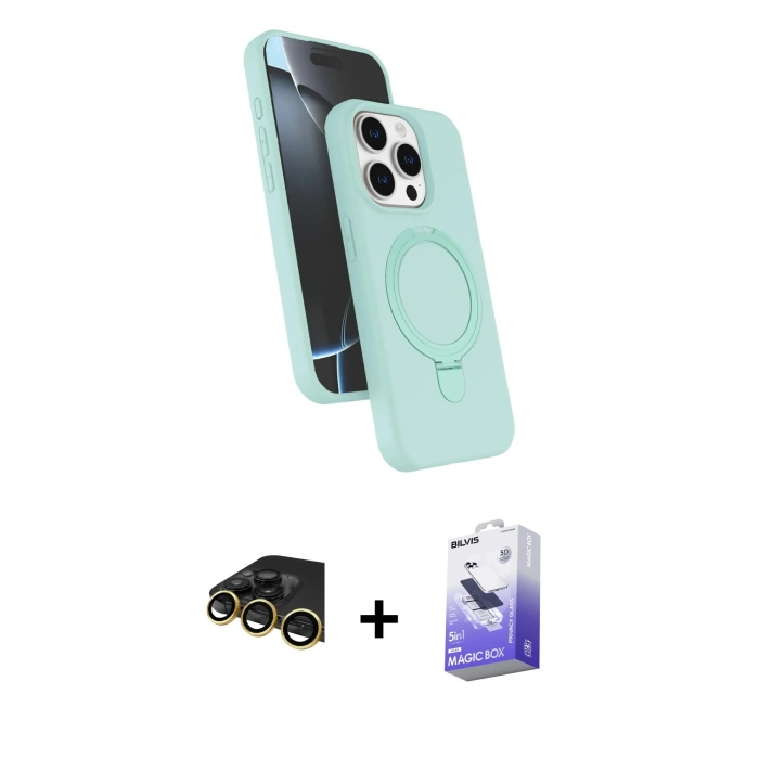 ieg™ iPhone 14 Pro Max Kılıf İz Işık Koleksiyonu - Siyah Bilvis 5in1 5D Magic Hayalet Cam Ekran Koruyucu + Gold Raze Metal Kamera Lens