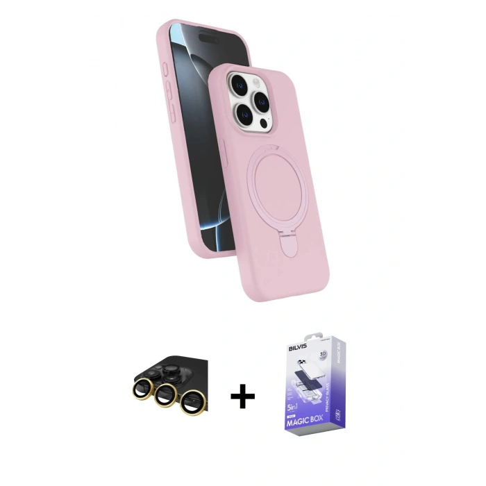 ieg™ iPhone 14 Pro Max Kılıf İz Işık Koleksiyonu - Siyah Bilvis 5in1 5D Magic Hayalet Cam Ekran Koruyucu + Gold Raze Metal Kamera Lens