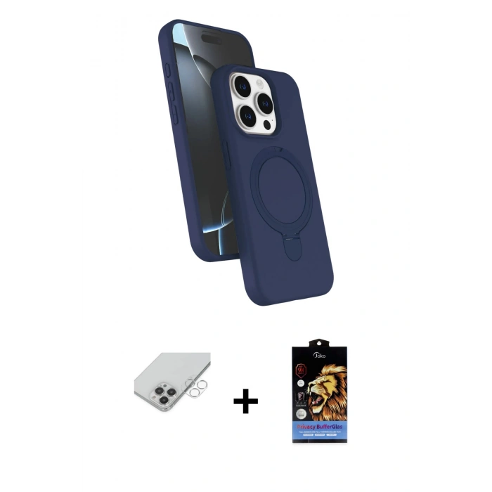 ieg™ iPhone 14 Pro Max Kılıf İz Işık Koleksiyonu - Siyah Buffer Hayalet Cam Ekran Koruyucu + Gümüş Band Metal Kamera Lens