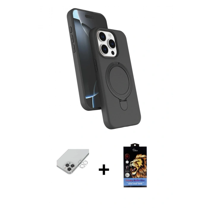 ieg™ iPhone 14 Pro Max Kılıf İz Işık Koleksiyonu - Siyah Buffer Hayalet Cam Ekran Koruyucu + Gümüş Band Metal Kamera Lens
