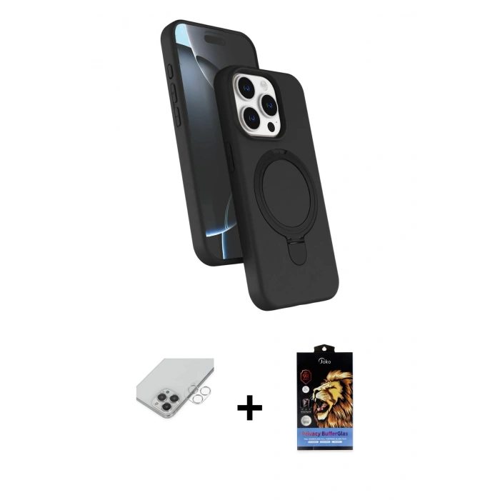 ieg™ iPhone 14 Pro Max Kılıf İz Işık Koleksiyonu - Siyah Buffer Hayalet Cam Ekran Koruyucu + Gümüş Band Metal Kamera Lens