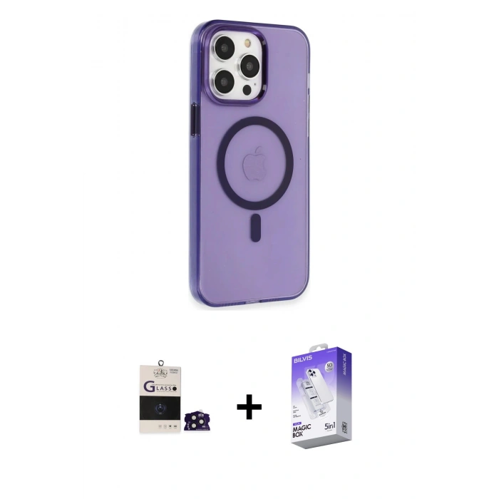 ieg™ iPhone 14 Pro Max Kılıf Kıvılcım Asil Özel Seri - Siyah Bilvis 5in1 3D Magic Cam Ekran Koruyucu + Derin Mor Bilvis Titan Kamera Lens