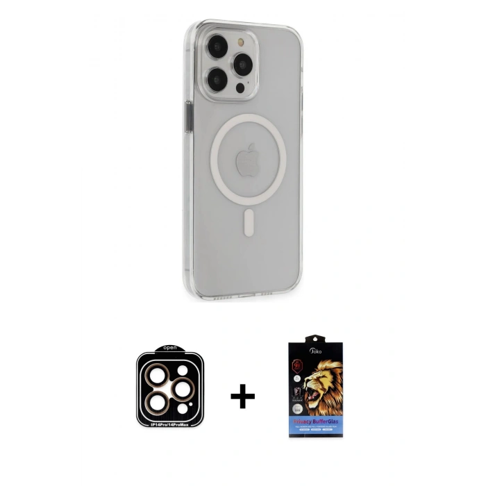 ieg™ iPhone 14 Pro Max Kılıf Kıvılcım Asil Özel Seri - Siyah Buffer Hayalet Cam Ekran Koruyucu + Turuncu PVD Metal Kamera Lens
