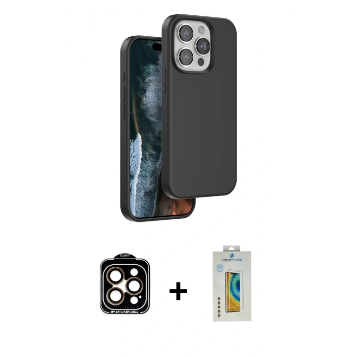 ieg™ iPhone 14 Pro Max Kılıf Kıvılcım Çizgi Serisi - Siyah Polymer Nano Ekran Koruyucu + Turuncu PVD Metal Kamera Lens