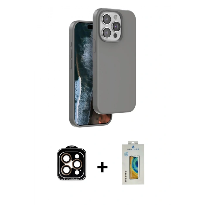 ieg™ iPhone 14 Pro Max Kılıf Kıvılcım Çizgi Serisi - Siyah Polymer Nano Ekran Koruyucu + Turuncu PVD Metal Kamera Lens