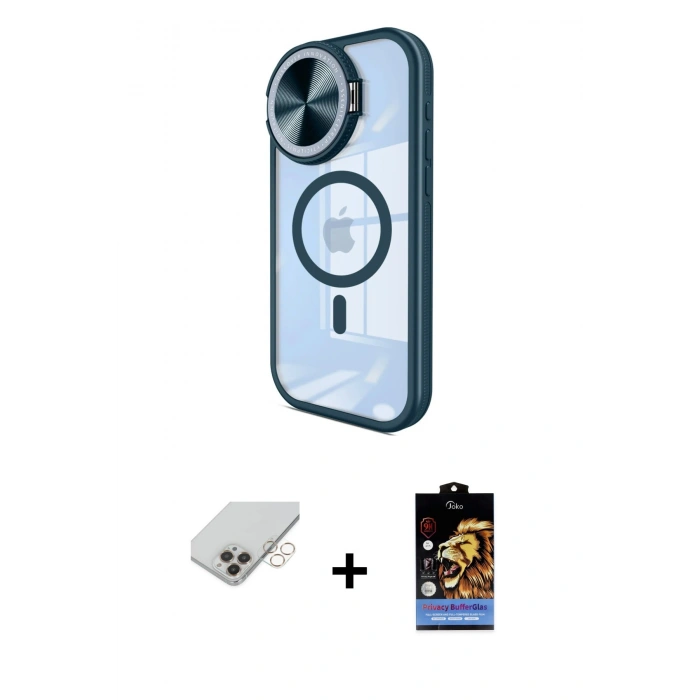 ieg™ iPhone 14 Pro Max Kılıf Kıvılcım Modern Koleksiyonu - Siyah Buffer Hayalet Cam Ekran Koruyucu + Gold Band Metal Kamera Lens