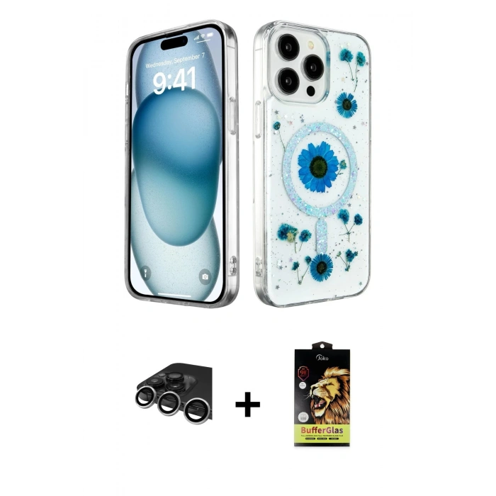 ieg™ iPhone 14 Pro Max Kılıf Kozmos Doku - Siyah Buffer Cam Ekran Koruyucu + Gümüş Raze Metal Kamera Lens