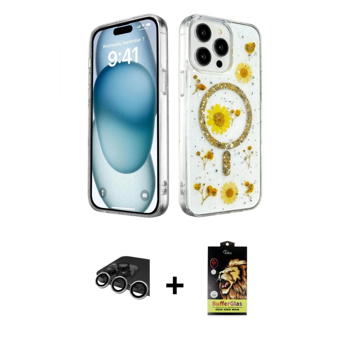 ieg™ iPhone 14 Pro Max Kılıf Kozmos Doku - Siyah Buffer Cam Ekran Koruyucu + Gümüş Raze Metal Kamera Lens
